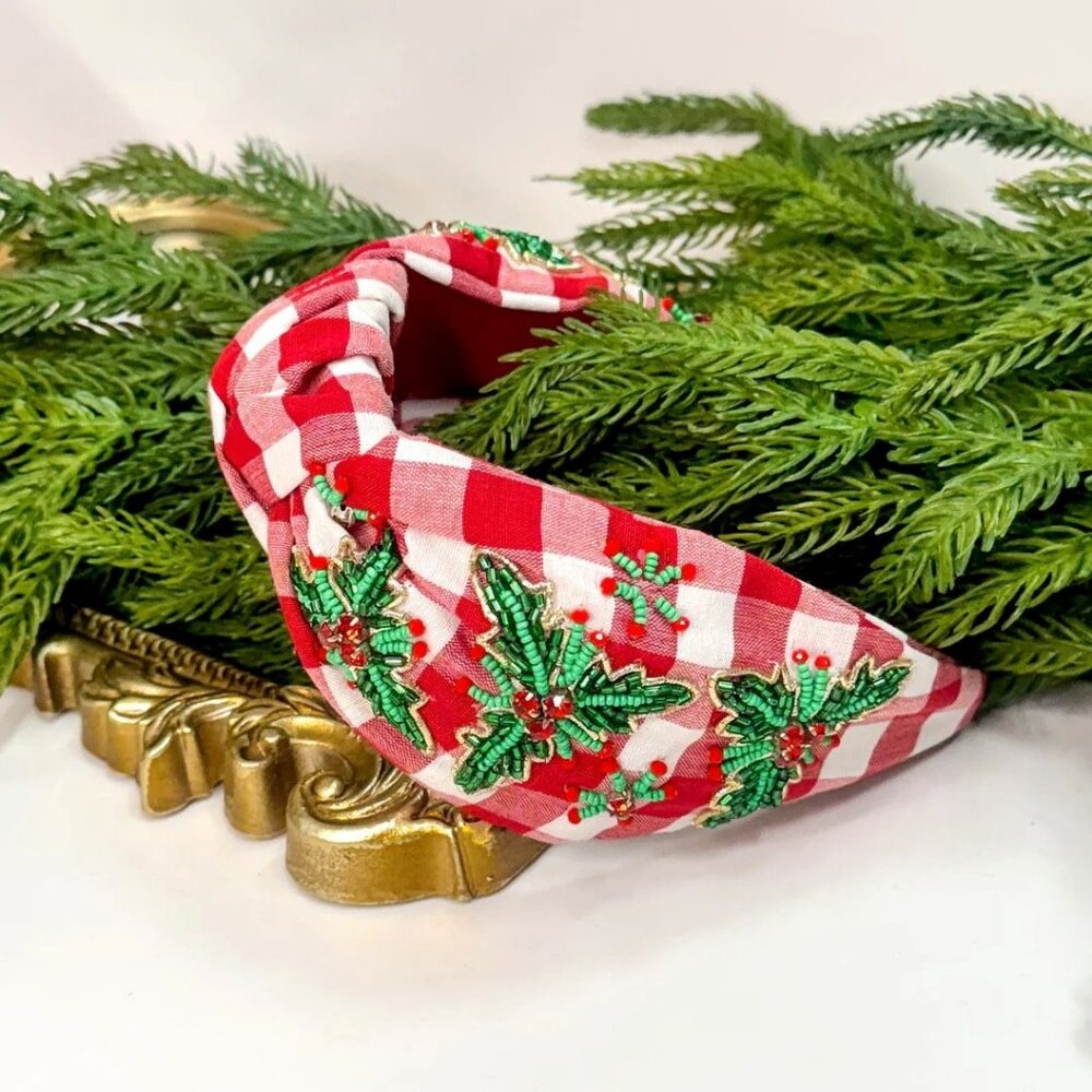 Holly & Berries Checkered Beaded Knot Headband